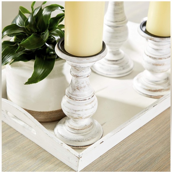 NIB set of three mango wood rustic white pillar candle holders by Deco 79 - Picture 3 of 8